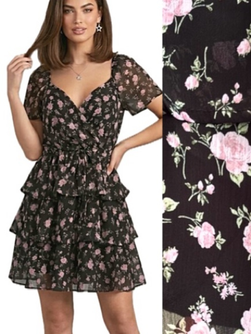 ROW A Floral Flutter Sleeve Tiered Ruffle Milkmaid Dress Size M Sheer Fairy Goth